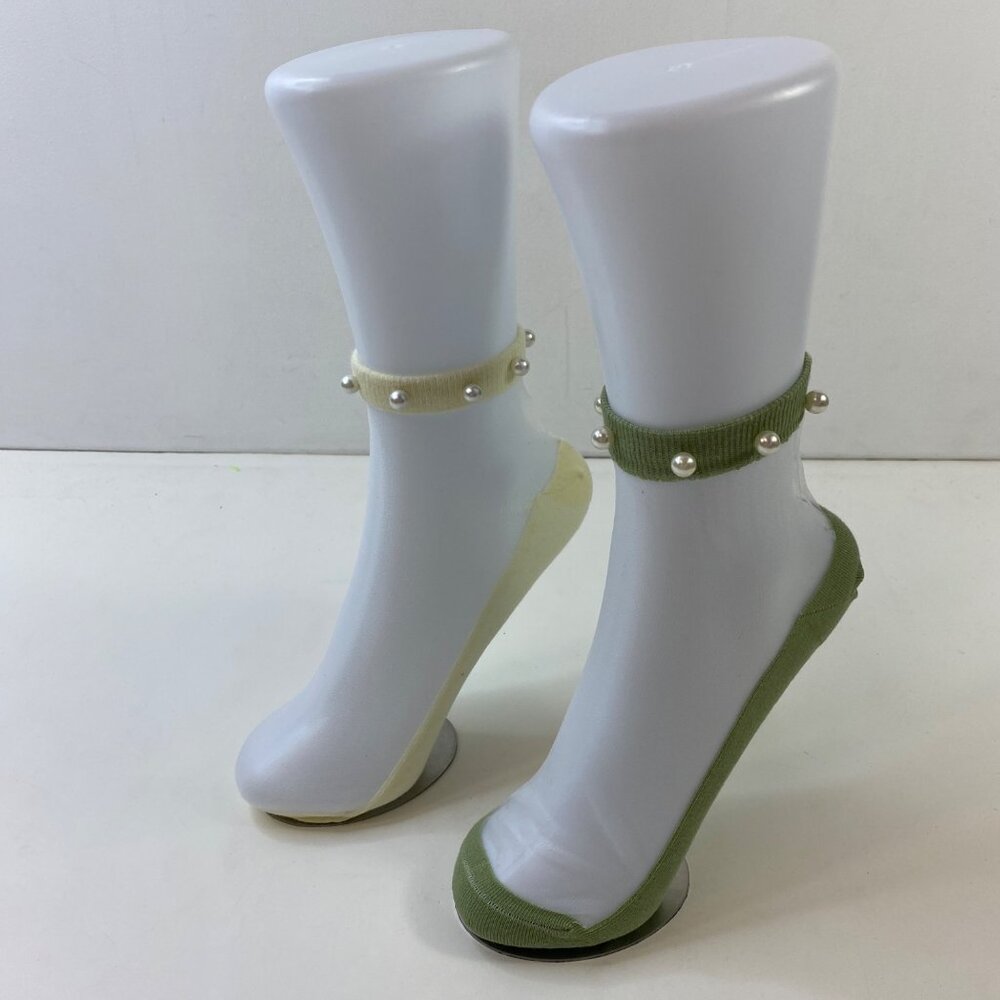 Set 2 Womens Sheer Mesh Ankle Socks Pearl Beaded Trim Green Yellow